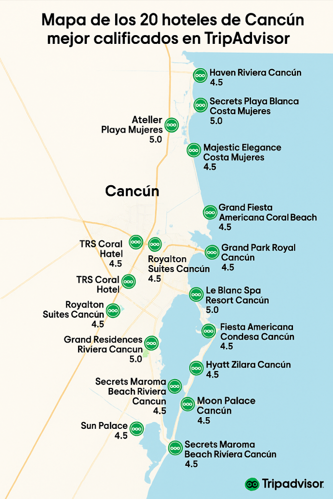 mapa de hoteles mejor calificados en tripadvisor cancun