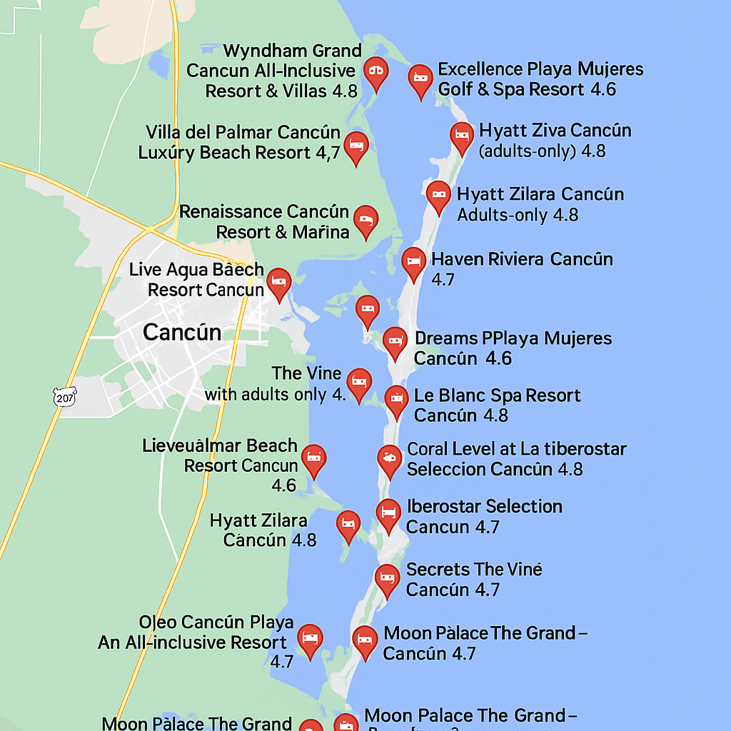 Mejores hoteles calificados en Cancun por Google